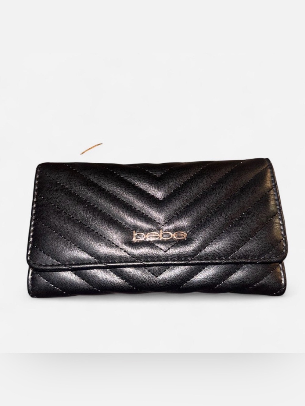 Bebe Black Quilted Leather Wallet with Gold Logo Emblem